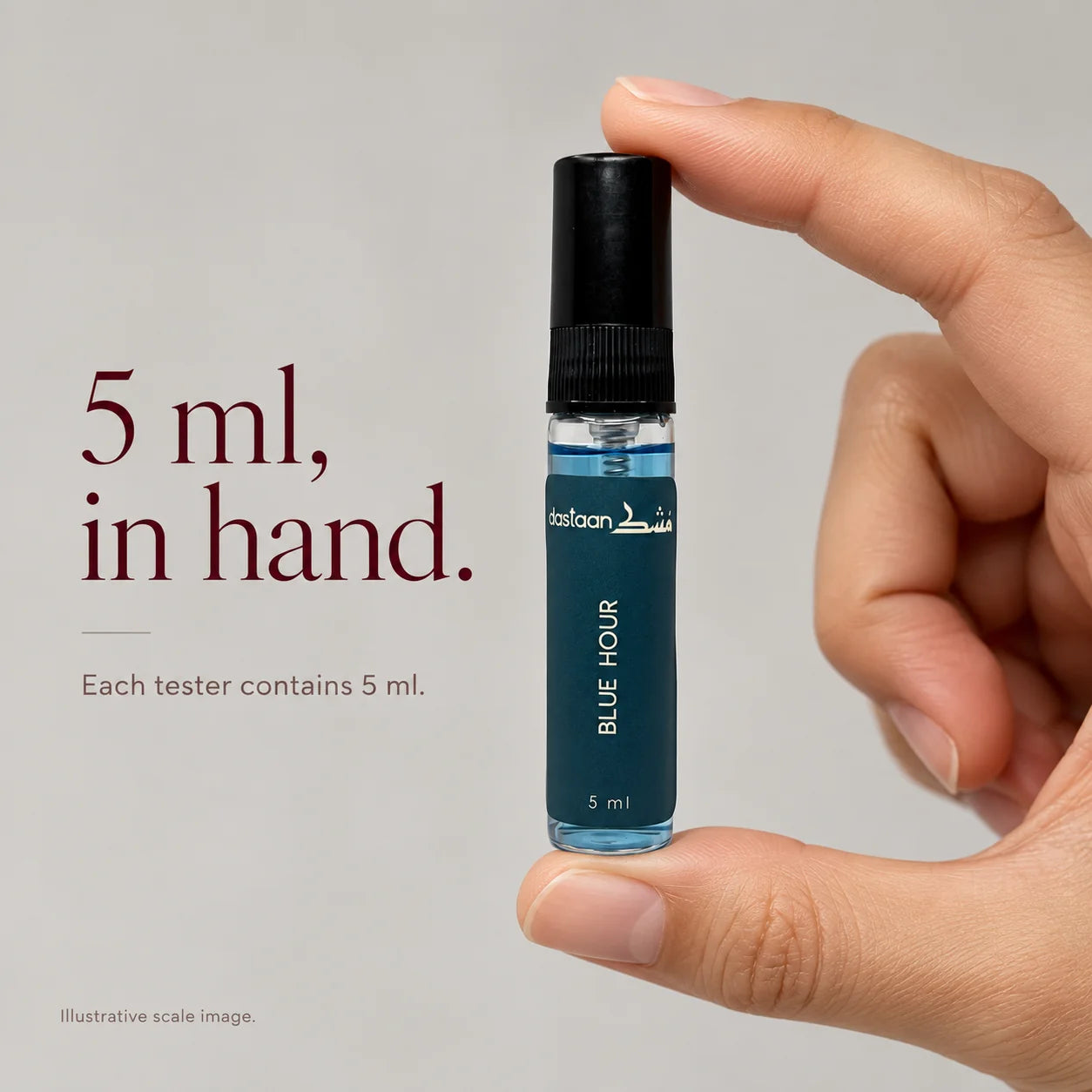 5 ml Blue Hour perfume tester held in hand to show size