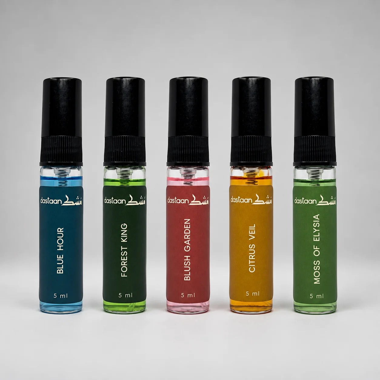 Five Dastaan Mushq 5 ml testers: Blue Hour, Forest King, Blush Garden, Citrus Veil, Moss of Elysia