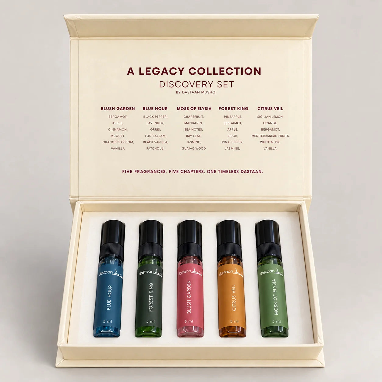 Dastaan Mushq Discovery Set open box with five 5 ml perfume testers