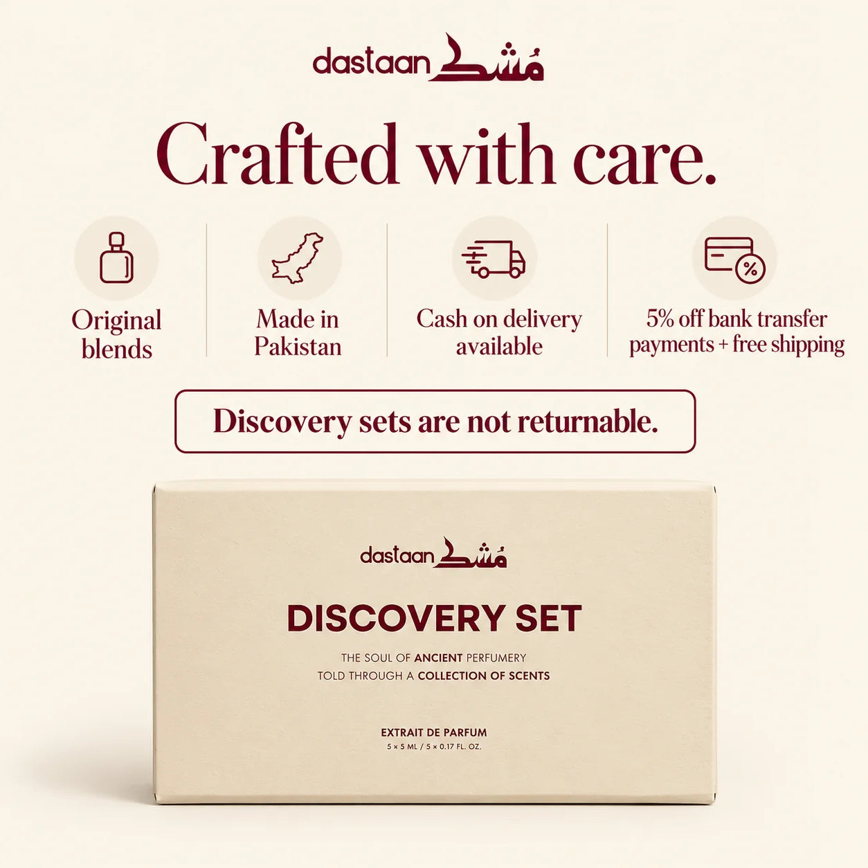Original blends made in Pakistan, cash on delivery, 5% off bank transfer; Discovery Sets are not returnable